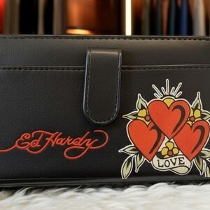 Ed Hardy Black Wallet with Red Heart Motif